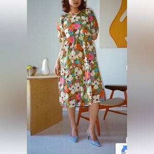 NWT WRAY acid floral rosemary dress (size XL, puff sleeve, tiered, tea length)